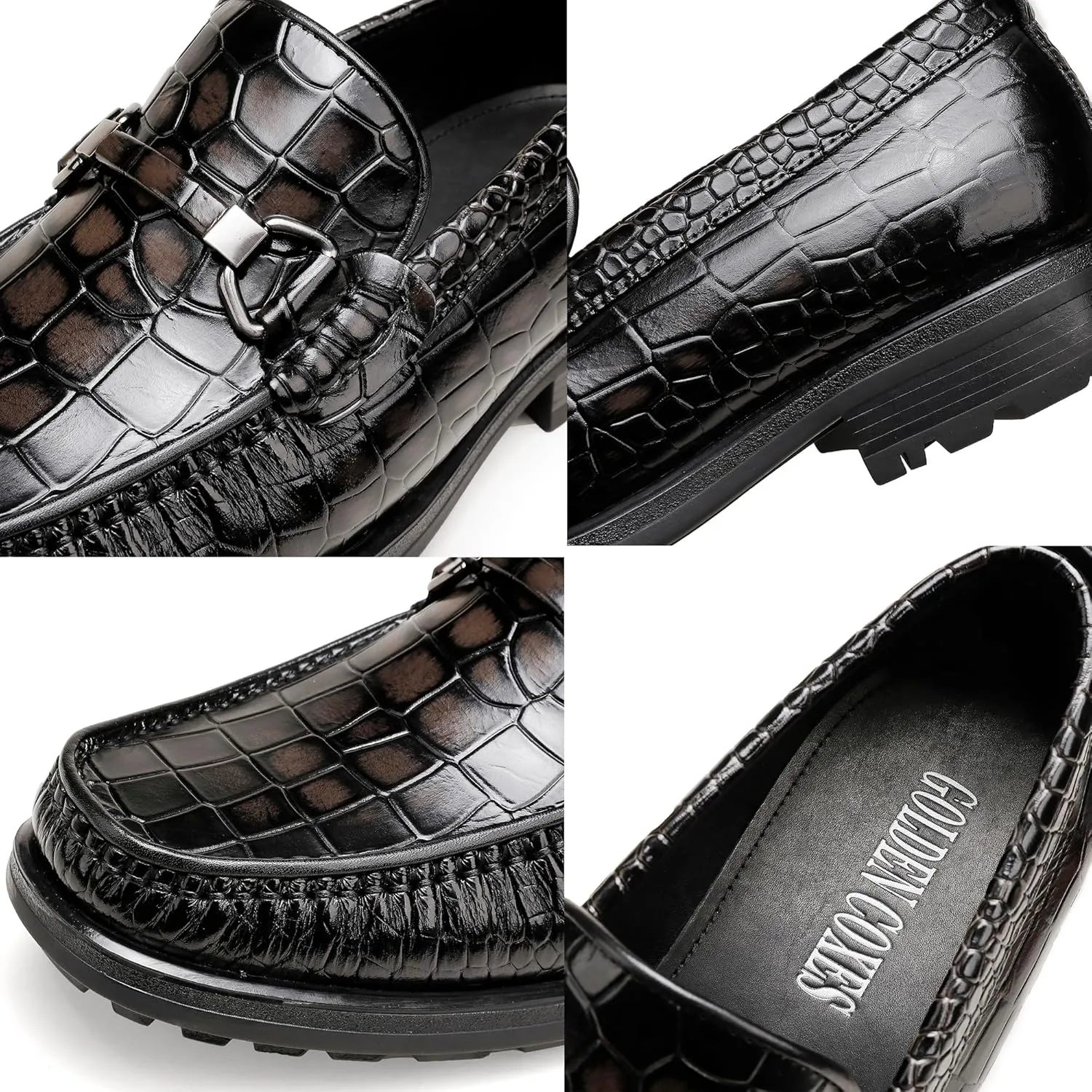 Mens Leather Dress Shoes, Premium Crocodile Print Moc-Toe Slip-on Loafer with Metal Buckle Penny Shoes for Mens