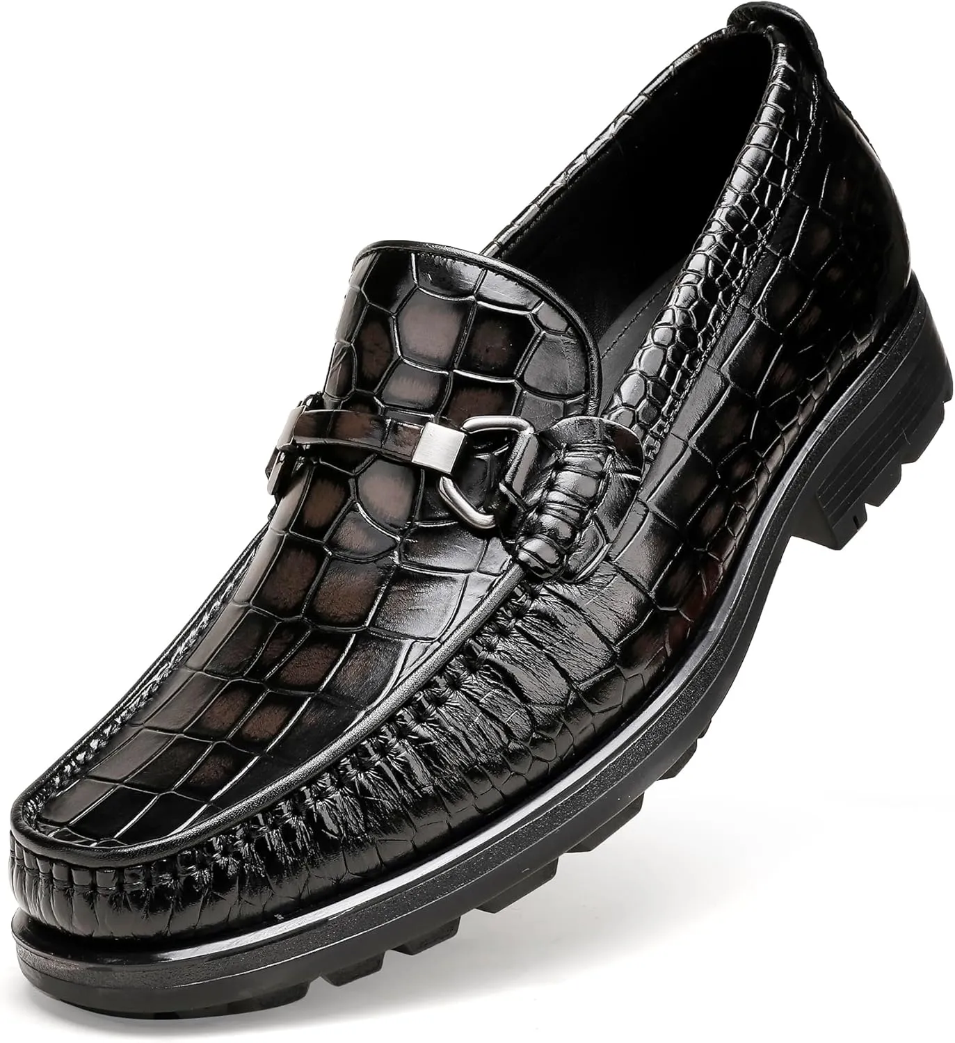Mens Leather Dress Shoes, Premium Crocodile Print Moc-Toe Slip-on Loafer with Metal Buckle Penny Shoes for Mens
