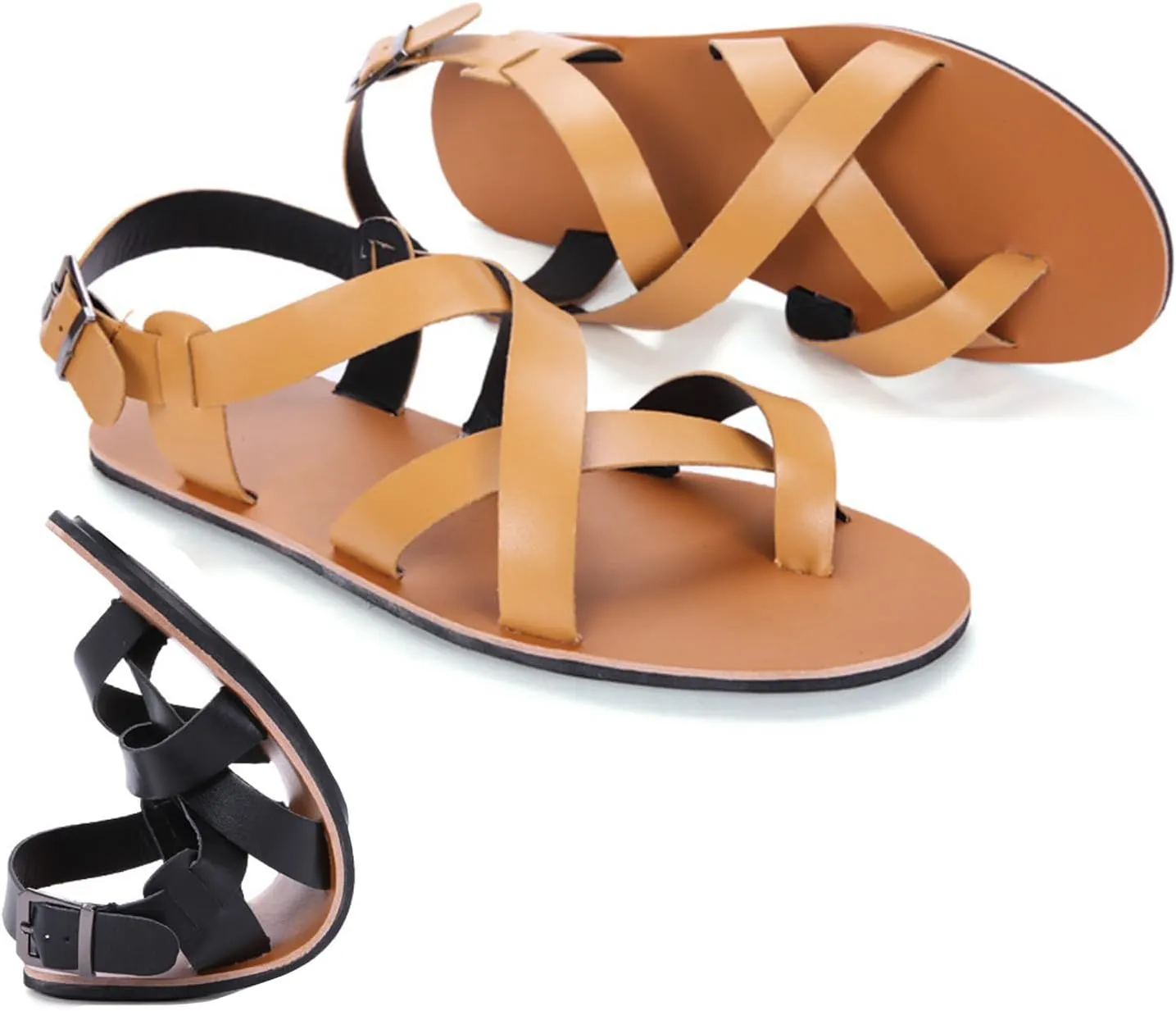 Men's Leather Thong Hollow Gladiator Sandals with Adjustable Buckle Strap Summer Casual Cross Strappy Low Top Flat Roman Sandals Outdoor Comfy Beach Shoes