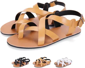 Men's Leather Thong Hollow Gladiator Sandals with Adjustable Buckle Strap Summer Casual Cross Strappy Low Top Flat Roman Sandals Outdoor Comfy Beach Shoes