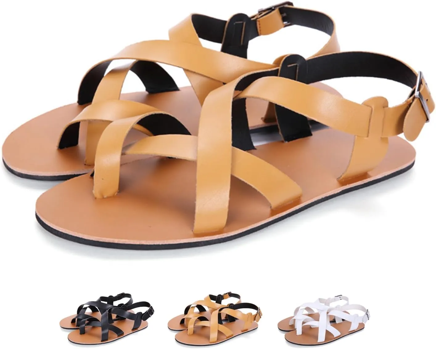 Men's Leather Thong Hollow Gladiator Sandals with Adjustable Buckle Strap Summer Casual Cross Strappy Low Top Flat Roman Sandals Outdoor Comfy Beach Shoes