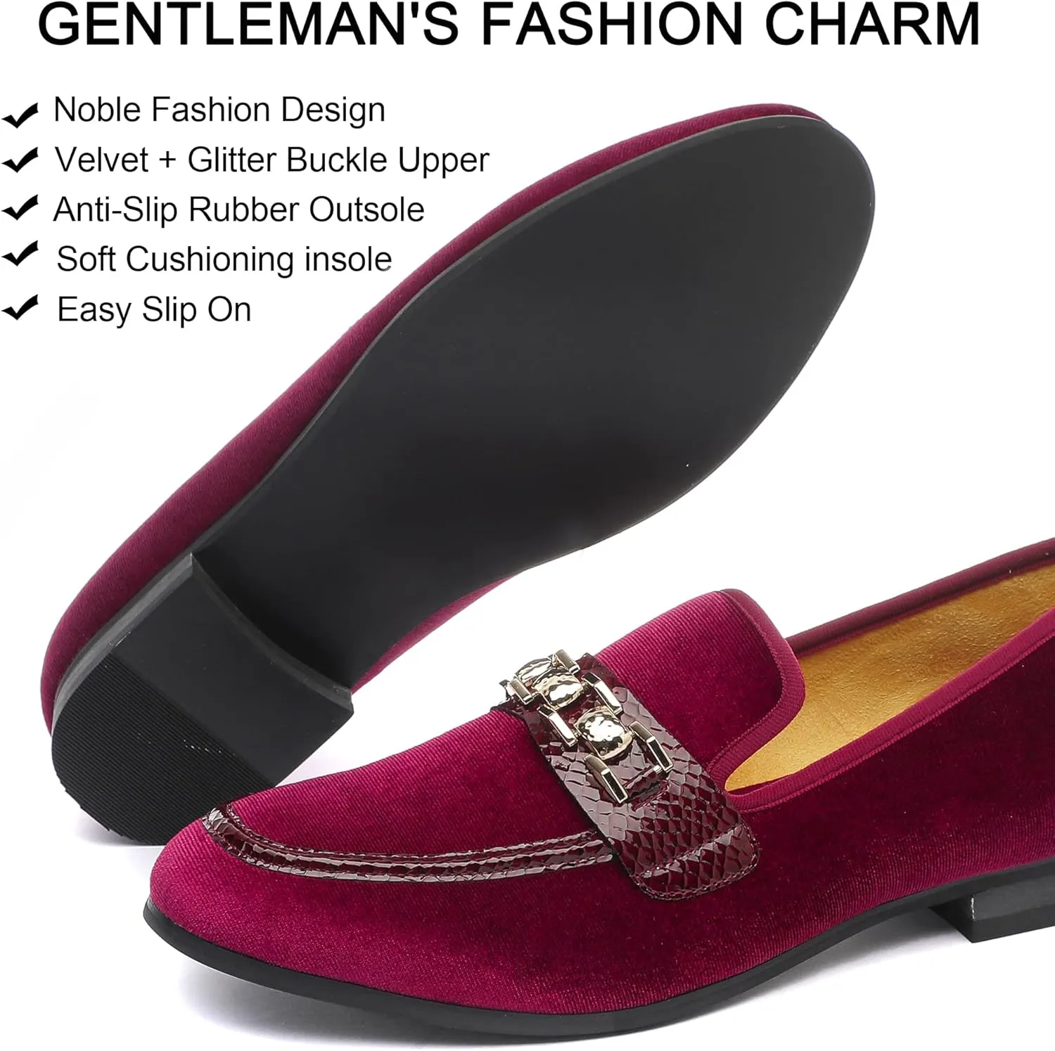 Men's Velvet Loafers,Mens Dress Shoes with Gold Chain, Slip On Flats Smoking Slippers Penny Shoes for Men