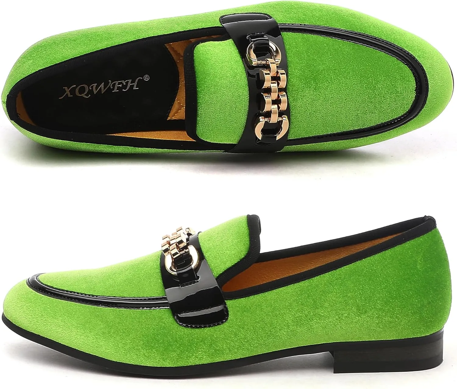 Men's Velvet Loafers,Mens Dress Shoes with Gold Chain, Slip On Flats Smoking Slippers Penny Shoes for Men