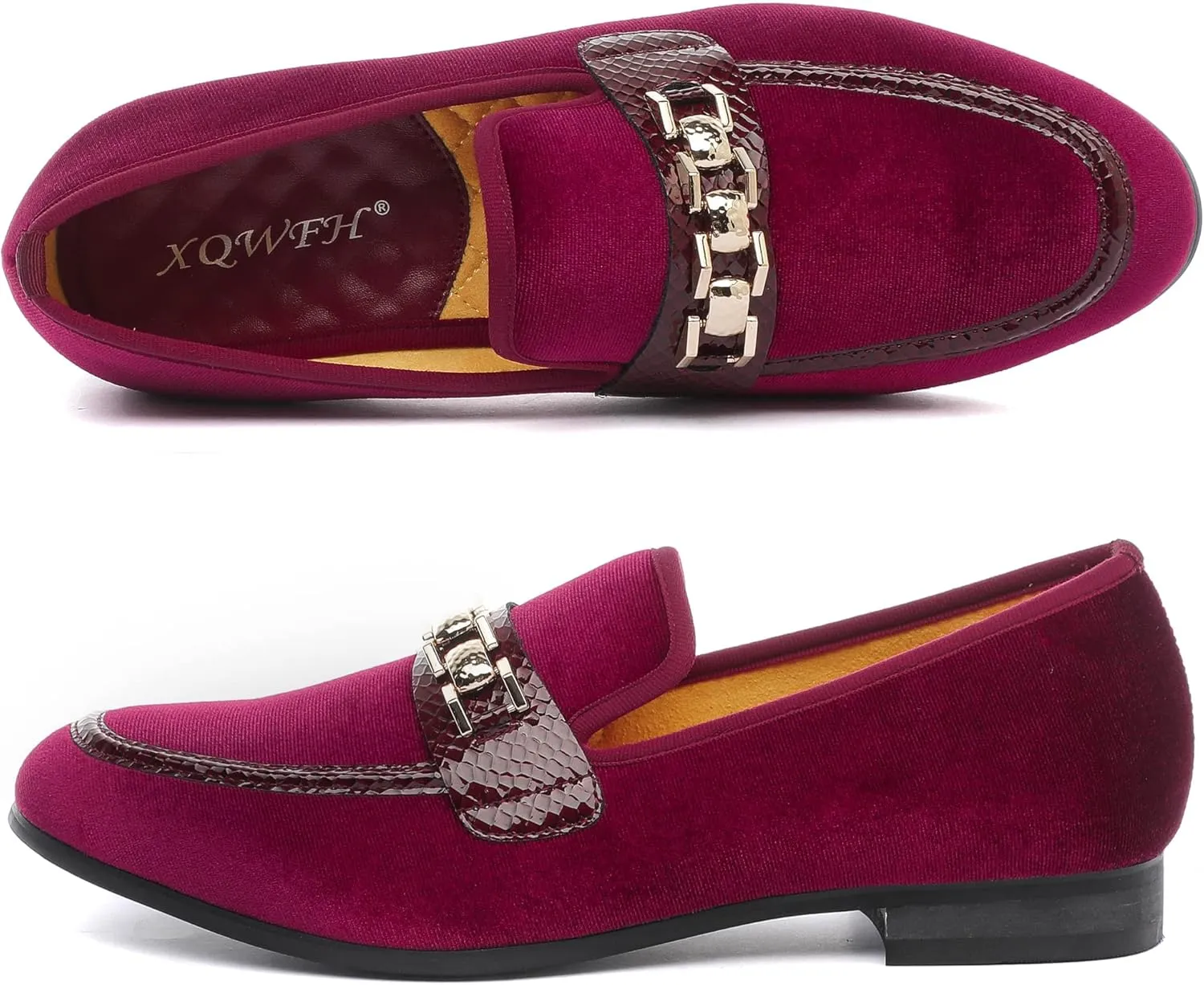 Men's Velvet Loafers,Mens Dress Shoes with Gold Chain, Slip On Flats Smoking Slippers Penny Shoes for Men