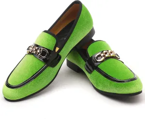 Men's Velvet Loafers,Mens Dress Shoes with Gold Chain, Slip On Flats Smoking Slippers Penny Shoes for Men