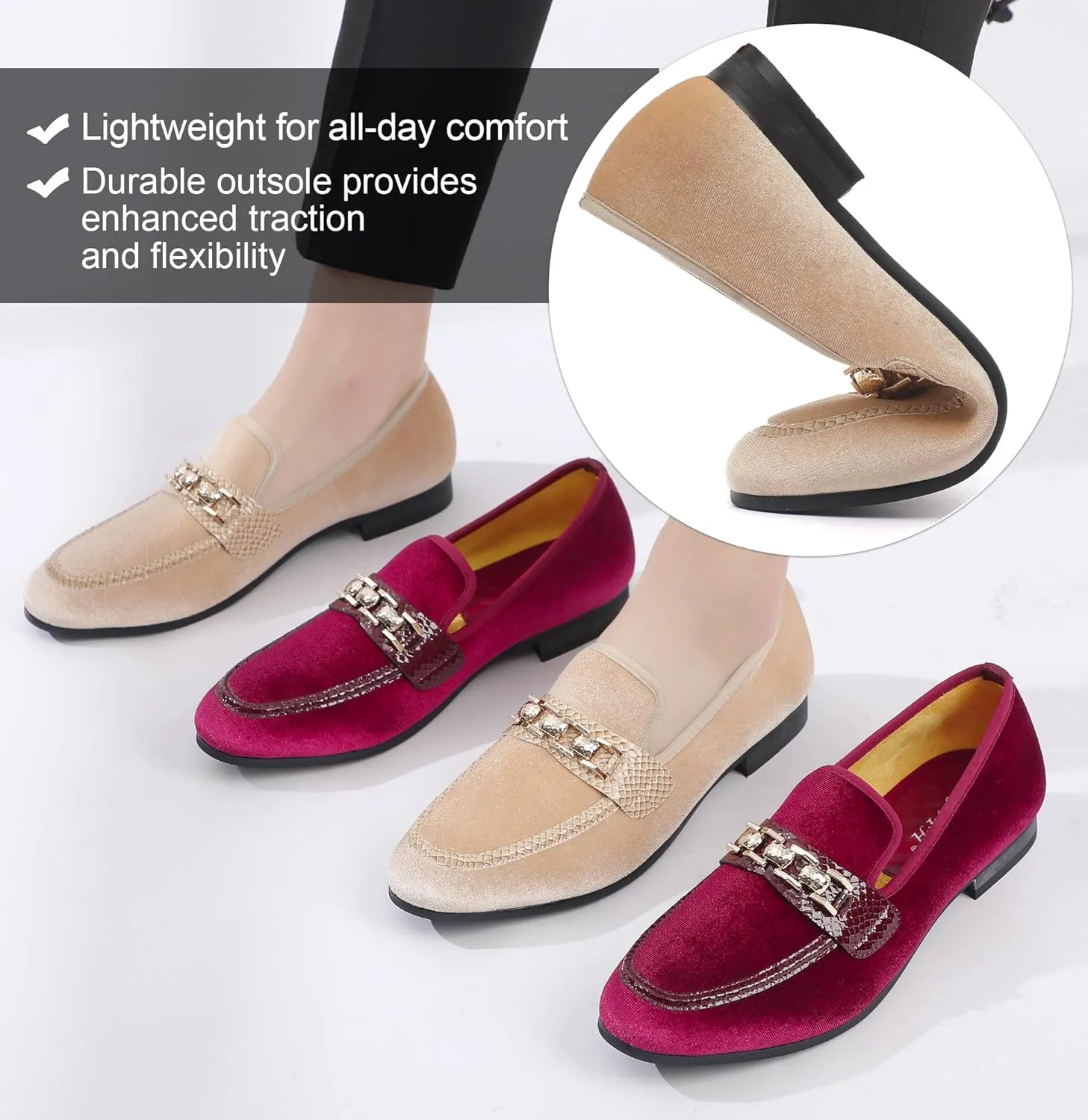 Men's Velvet Loafers,Mens Dress Shoes with Gold Chain, Slip On Flats Smoking Slippers Penny Shoes for Men