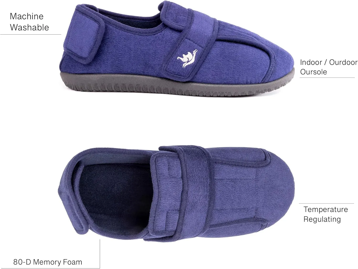 Men's Wide 80-D Memory Foam Diabetic Slippers with Adjustable Closures Breathable Washable Indoor/Outdoor House Shoe w/Anti Slip Sole