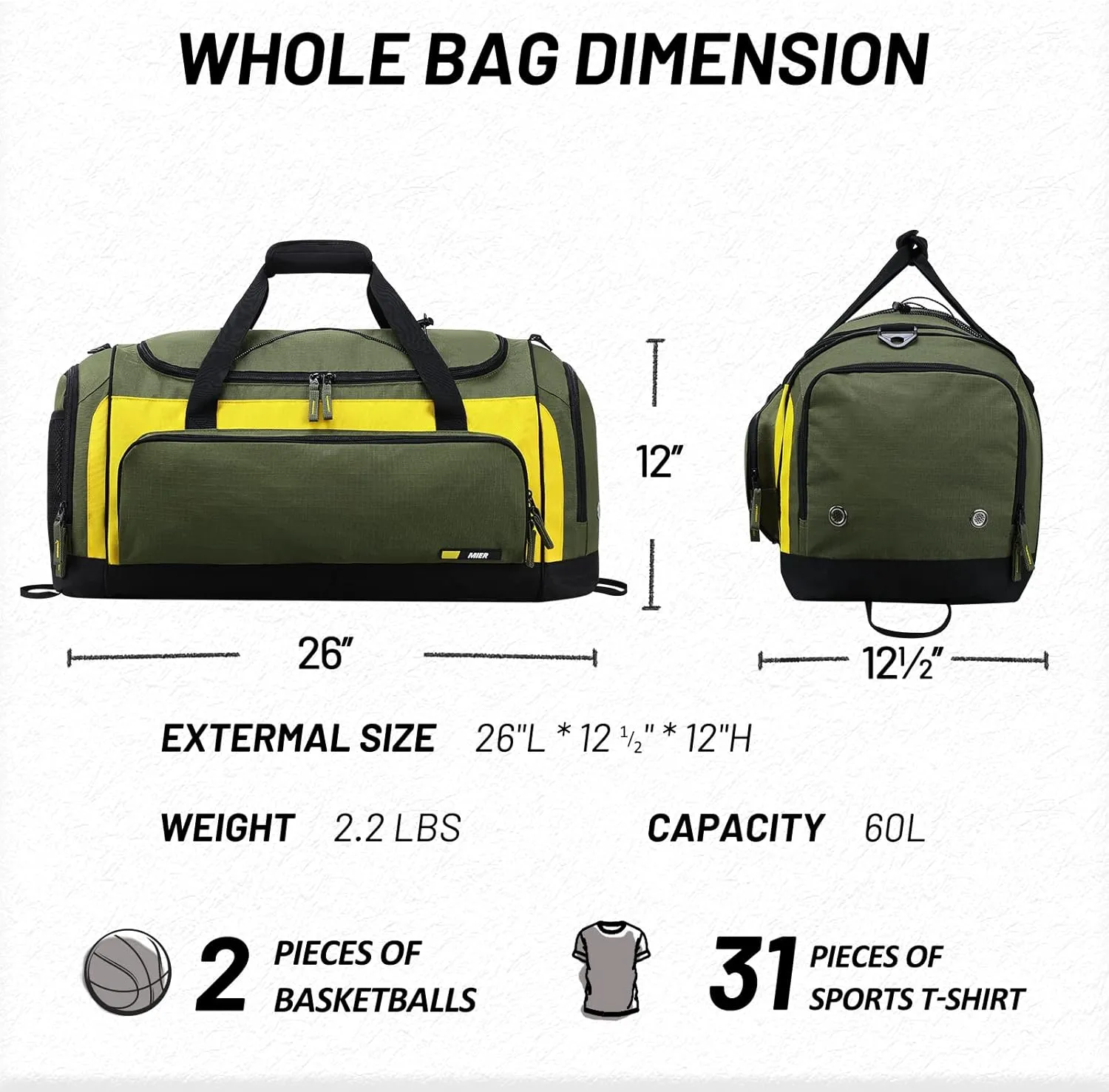 MIER Large Duffel Bag Men's Gym Bag with Shoe Compartment, 60L