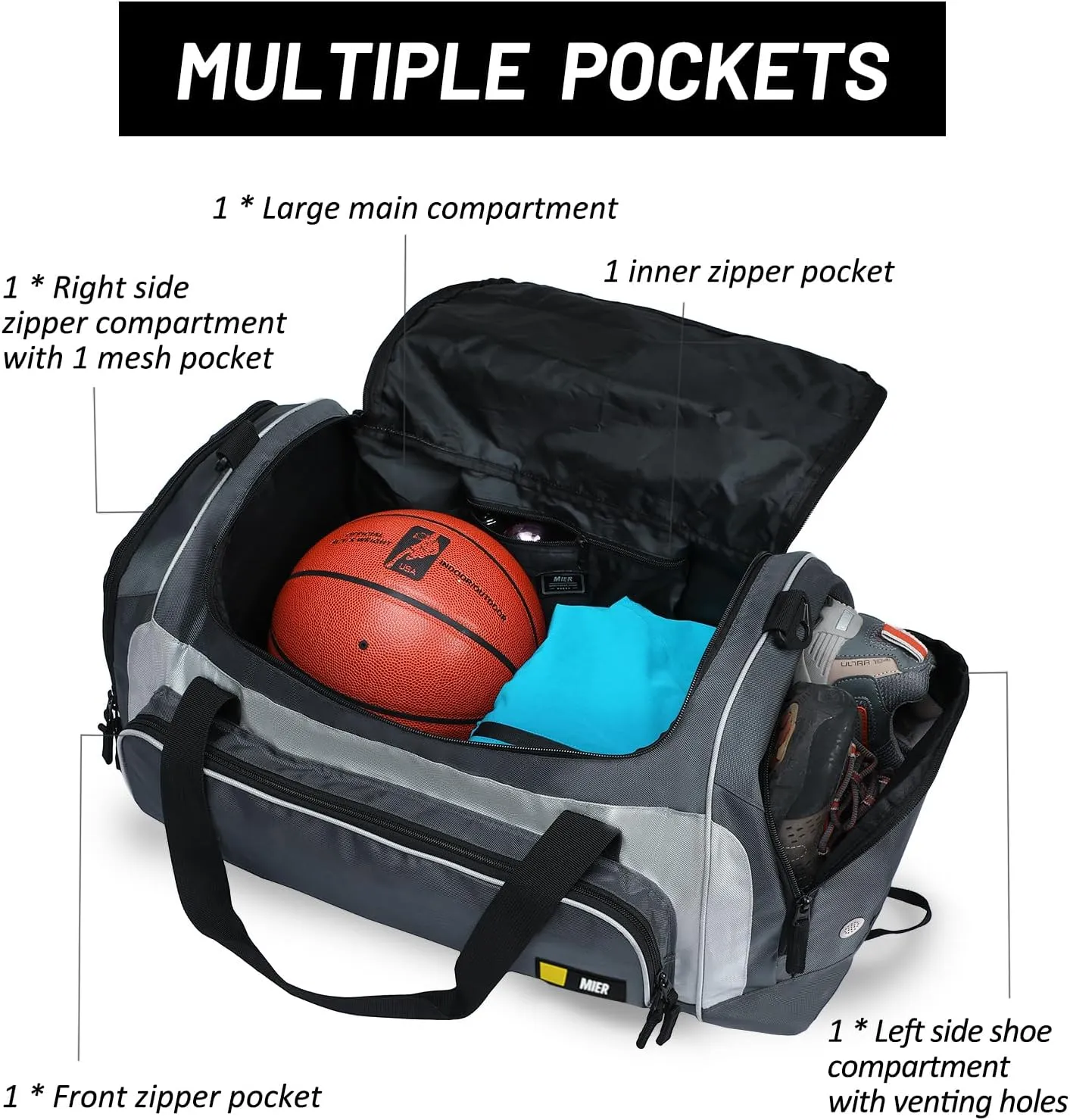MIER Large Duffel Bag Men's Gym Bag with Shoe Compartment, 60L