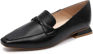Mona flying Women's Leather Square Toe Penny Loafer Comfort Dress Casual Slip on Flat Office Work Shoes for Ladies