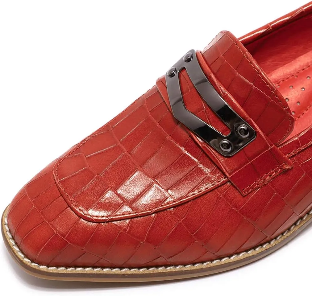 Mona flying Women's Leather Square Toe Penny Loafer Dress Casual Slip on Flat Office Work Shoes for Ladies