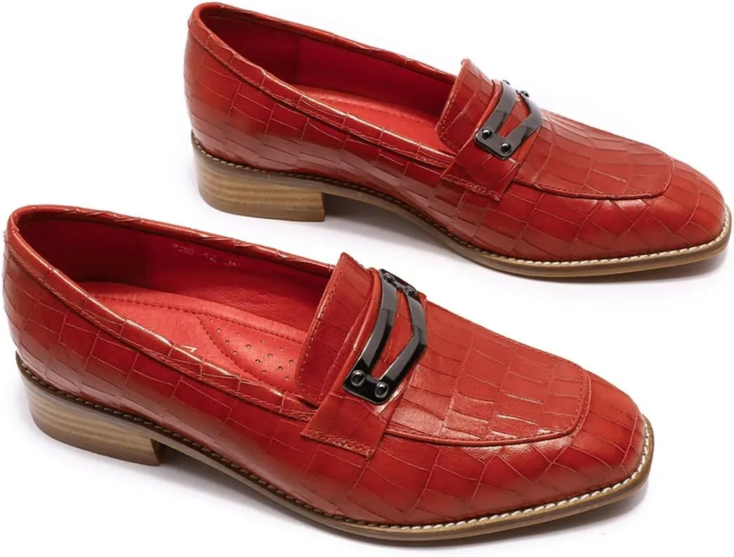 Mona flying Women's Leather Square Toe Penny Loafer Dress Casual Slip on Flat Office Work Shoes for Ladies