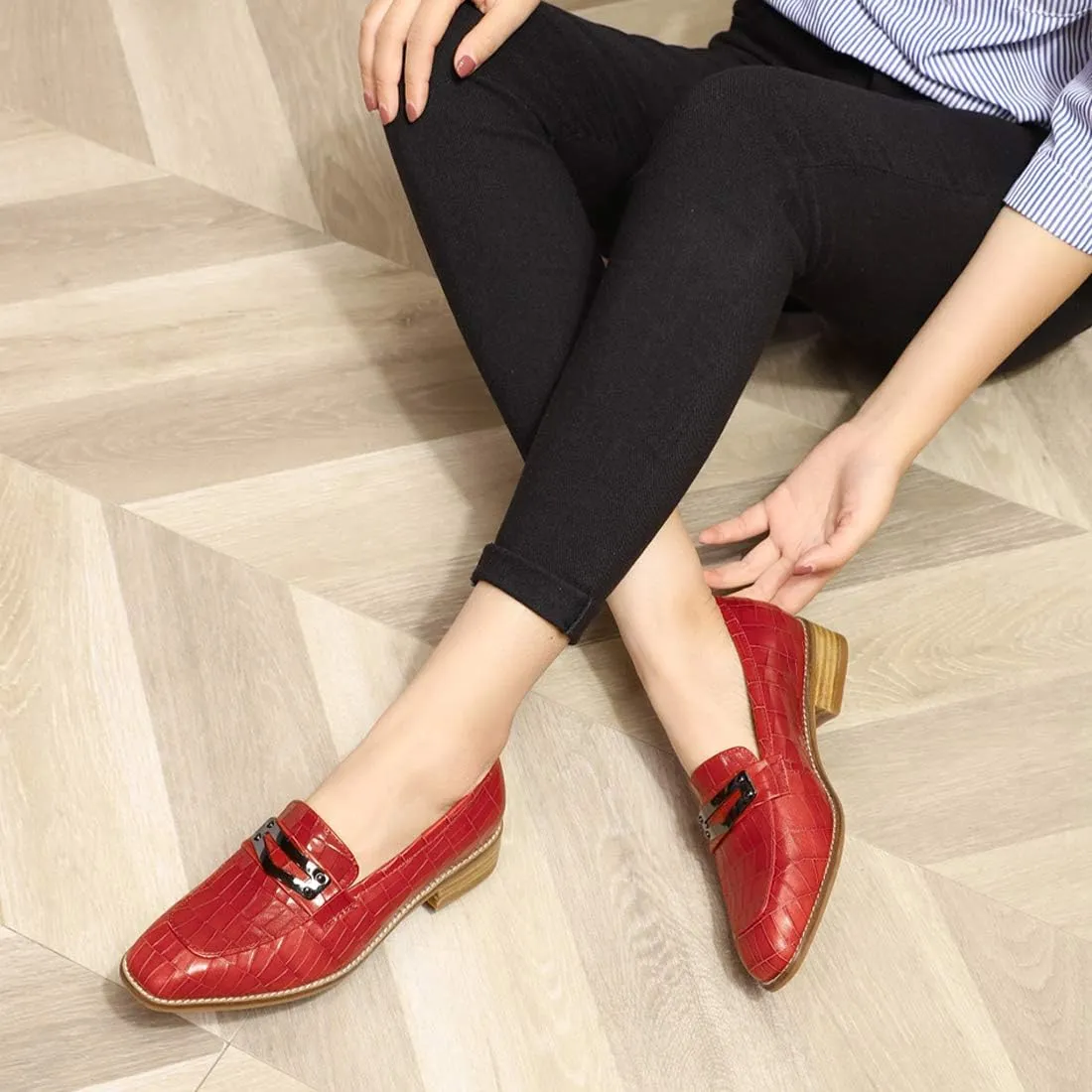 Mona flying Women's Leather Square Toe Penny Loafer Dress Casual Slip on Flat Office Work Shoes for Ladies