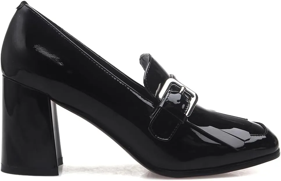 MOOMMO Women Chunky Block Heel Loafers Pumps Square Closed Toe Slip On Dress Shoes Patent Leather Oxford Loafer Shoes Fringe Buckle Tassel Wingtip Office Work Shoe Business Professional 4-11 M US
