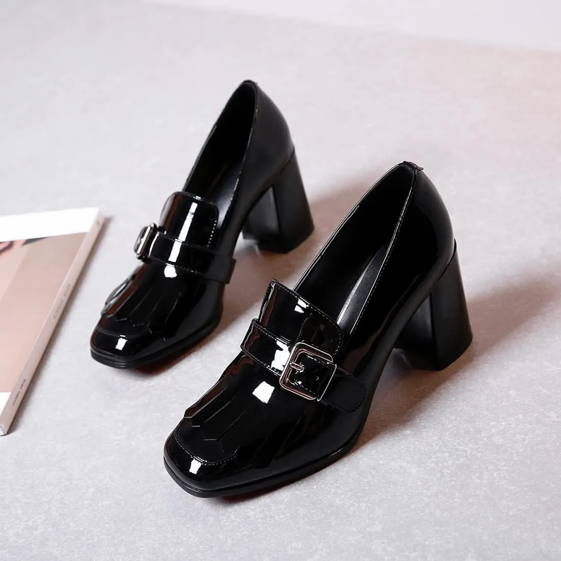 MOOMMO Women Chunky Block Heel Loafers Pumps Square Closed Toe Slip On Dress Shoes Patent Leather Oxford Loafer Shoes Fringe Buckle Tassel Wingtip Office Work Shoe Business Professional 4-11 M US
