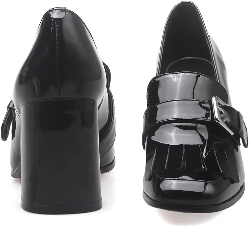 MOOMMO Women Chunky Block Heel Loafers Pumps Square Closed Toe Slip On Dress Shoes Patent Leather Oxford Loafer Shoes Fringe Buckle Tassel Wingtip Office Work Shoe Business Professional 4-11 M US