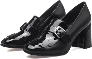 MOOMMO Women Chunky Block Heel Loafers Pumps Square Closed Toe Slip On Dress Shoes Patent Leather Oxford Loafer Shoes Fringe Buckle Tassel Wingtip Office Work Shoe Business Professional 4-11 M US