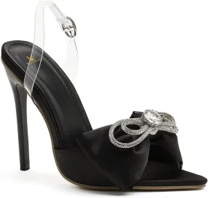 MOOMMO Women Slingback Stiletto Sandals Rhinestone Satin High Heels Big Bow Peep Pointed Toe Pumps 5 Inch Thin High Heel Clear Strap Buckle Bridal Wedding Evening Shoes Slip On Sexy Elegant 5-10 M US