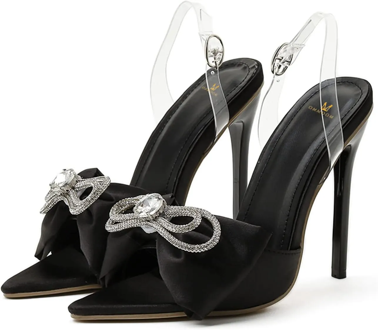 MOOMMO Women Slingback Stiletto Sandals Rhinestone Satin High Heels Big Bow Peep Pointed Toe Pumps 5 Inch Thin High Heel Clear Strap Buckle Bridal Wedding Evening Shoes Slip On Sexy Elegant 5-10 M US
