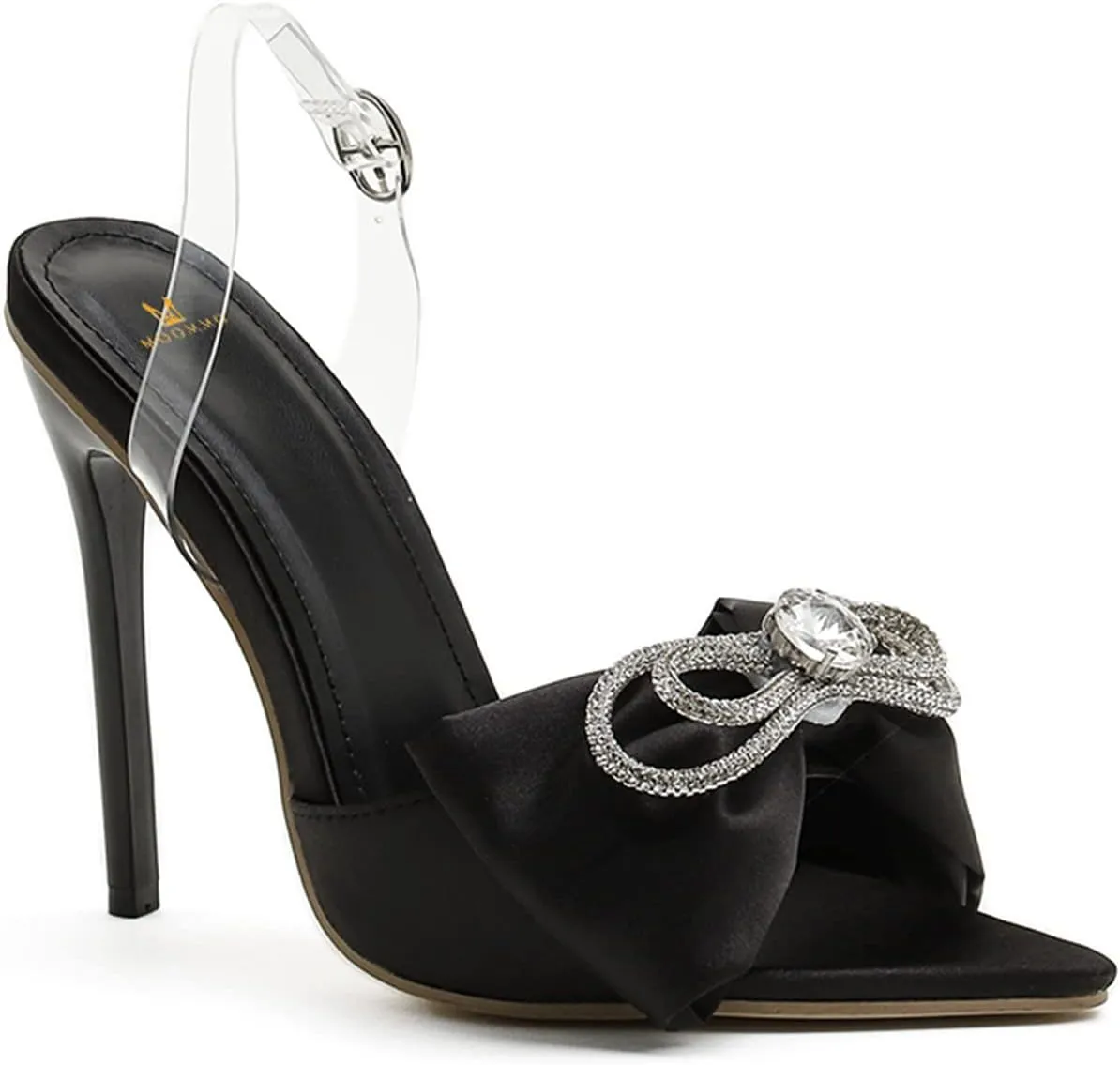 MOOMMO Women Slingback Stiletto Sandals Rhinestone Satin High Heels Big Bow Peep Pointed Toe Pumps 5 Inch Thin High Heel Clear Strap Buckle Bridal Wedding Evening Shoes Slip On Sexy Elegant 5-10 M US