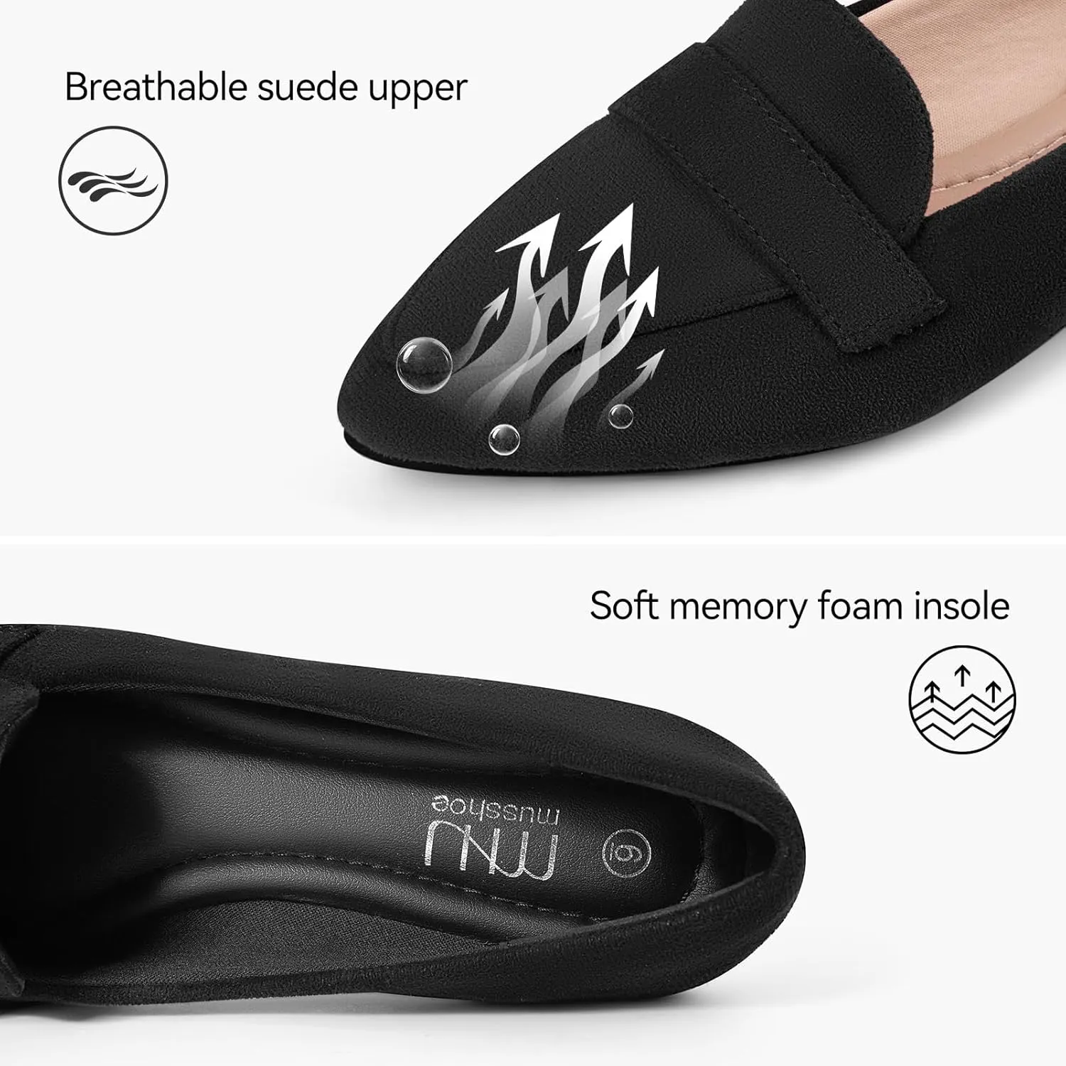 MUSSHOE Women's Flats, Comfortable Pointed Toe Flats for Women Soft Suede Women's Loafers & Slip-ons for Work Dating and Casual