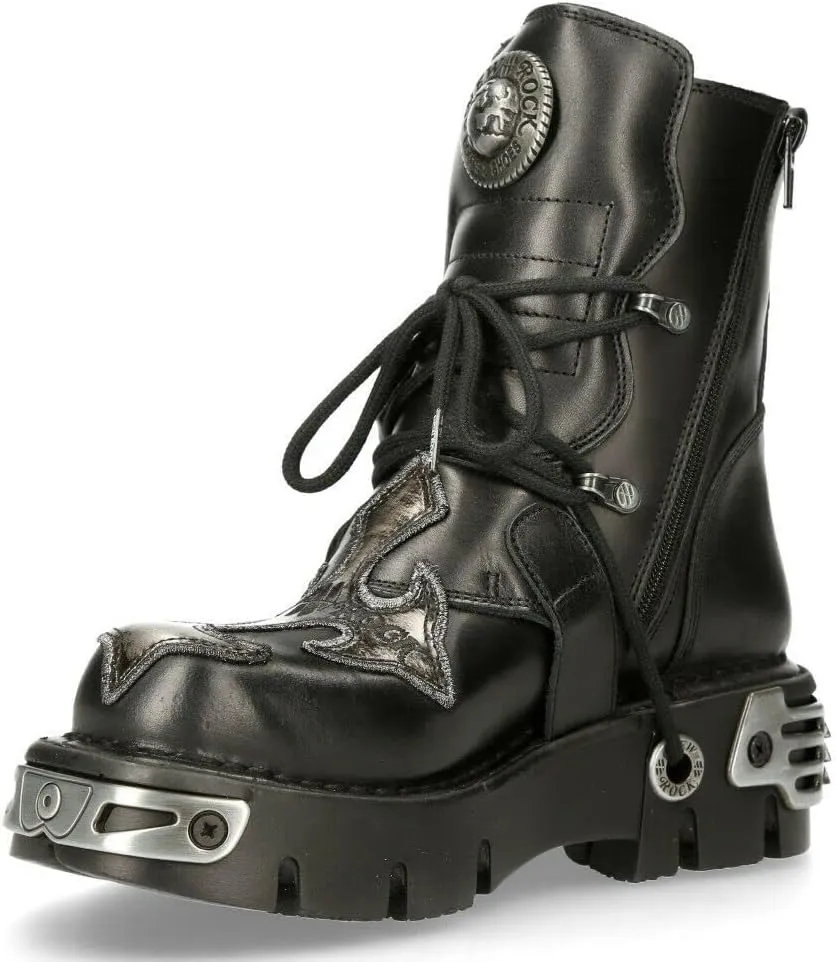 New Rock Men's 407-S1 Silver Cross Buckle Ankle BOOTS Black Leather Gothic Punk Biker Fashion Shoes