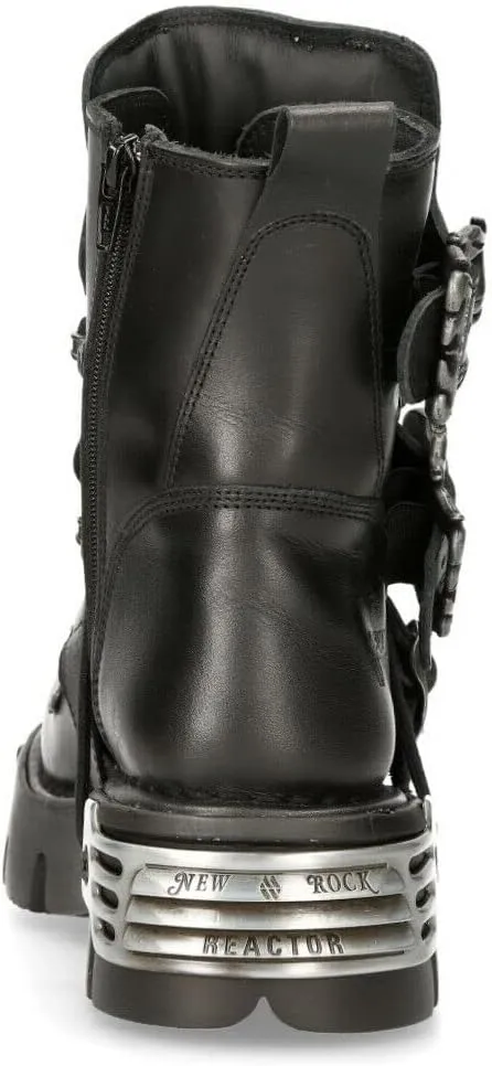 New Rock Men's 407-S1 Silver Cross Buckle Ankle BOOTS Black Leather Gothic Punk Biker Fashion Shoes