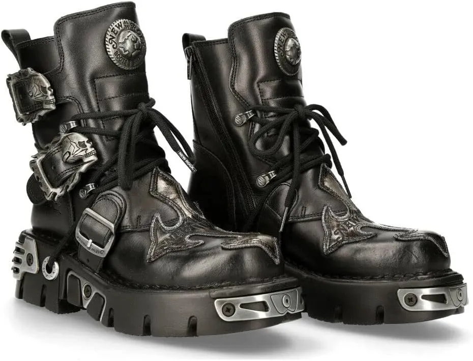 New Rock Men's 407-S1 Silver Cross Buckle Ankle BOOTS Black Leather Gothic Punk Biker Fashion Shoes