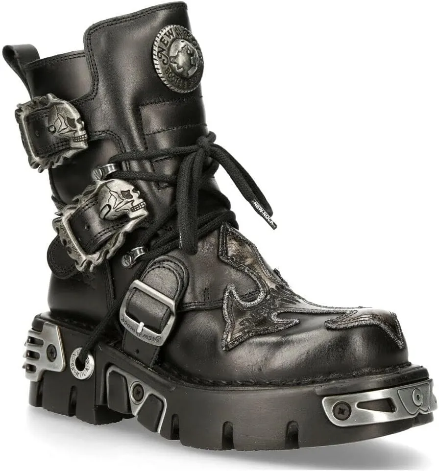 New Rock Men's 407-S1 Silver Cross Buckle Ankle BOOTS Black Leather Gothic Punk Biker Fashion Shoes