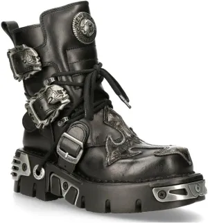 New Rock Men's 407-S1 Silver Cross Buckle Ankle BOOTS Black Leather Gothic Punk Biker Fashion Shoes
