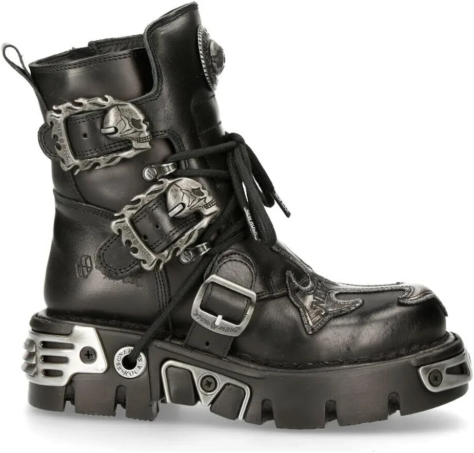 New Rock Men's 407-S1 Silver Cross Buckle Ankle BOOTS Black Leather Gothic Punk Biker Fashion Shoes