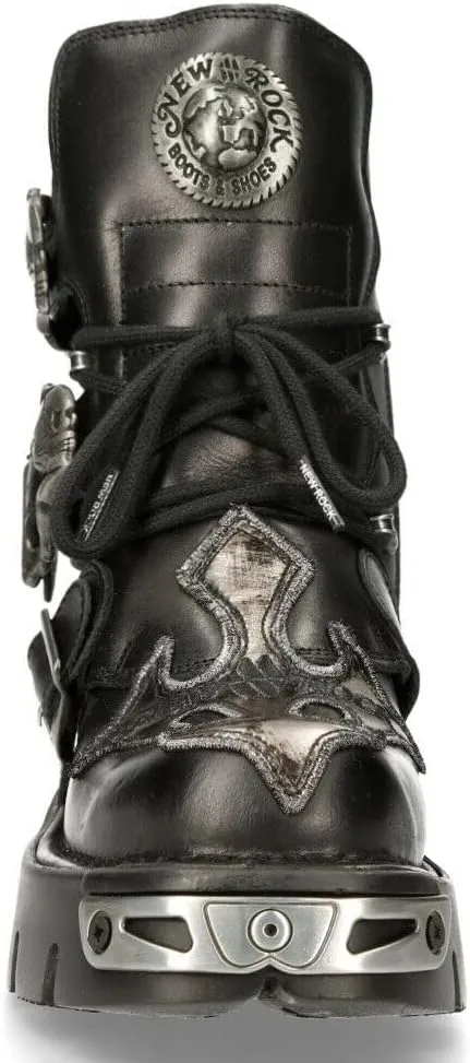 New Rock Men's 407-S1 Silver Cross Buckle Ankle BOOTS Black Leather Gothic Punk Biker Fashion Shoes