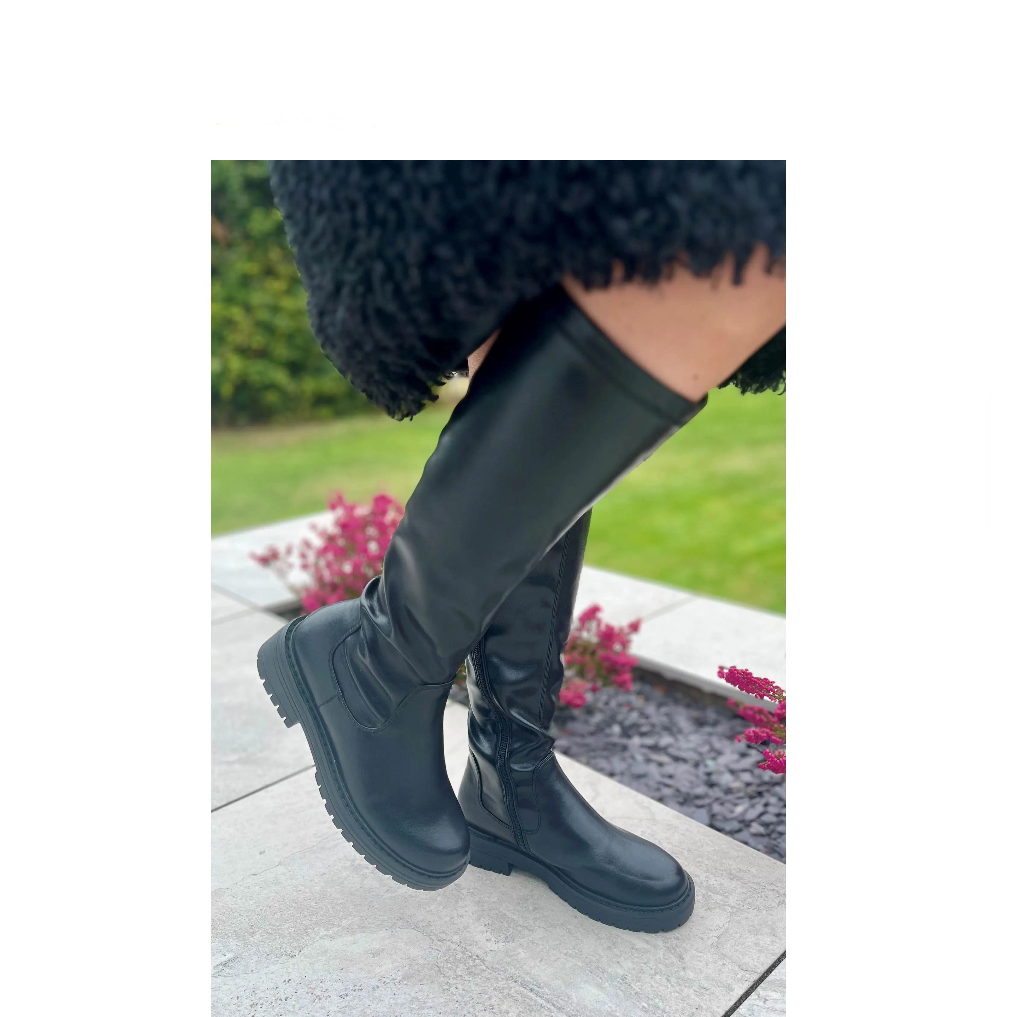 Nicola: Women's Knee High Chunky Pull On Biker Boot - Black PU
