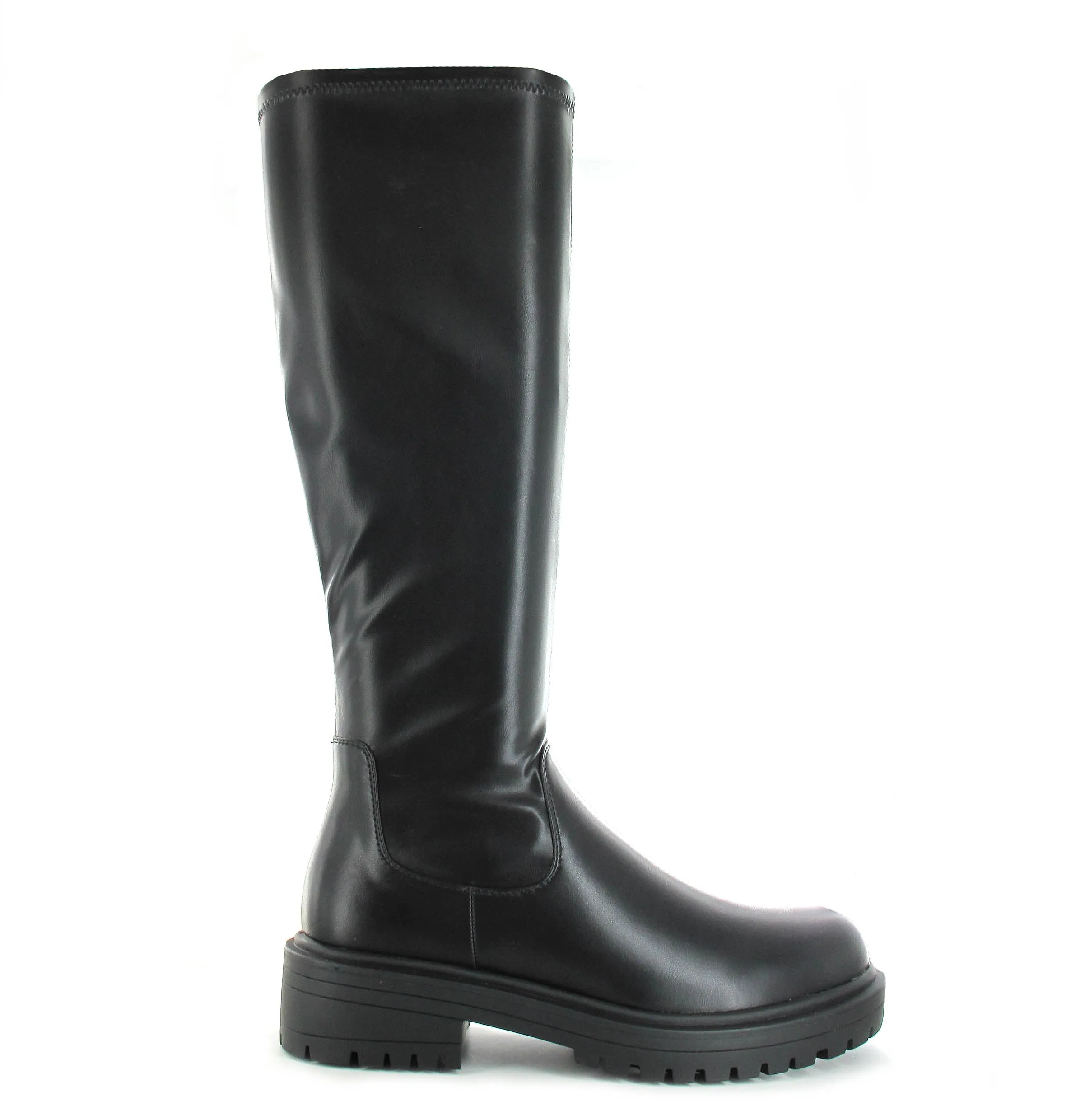 Nicola: Women's Knee High Chunky Pull On Biker Boot - Black PU