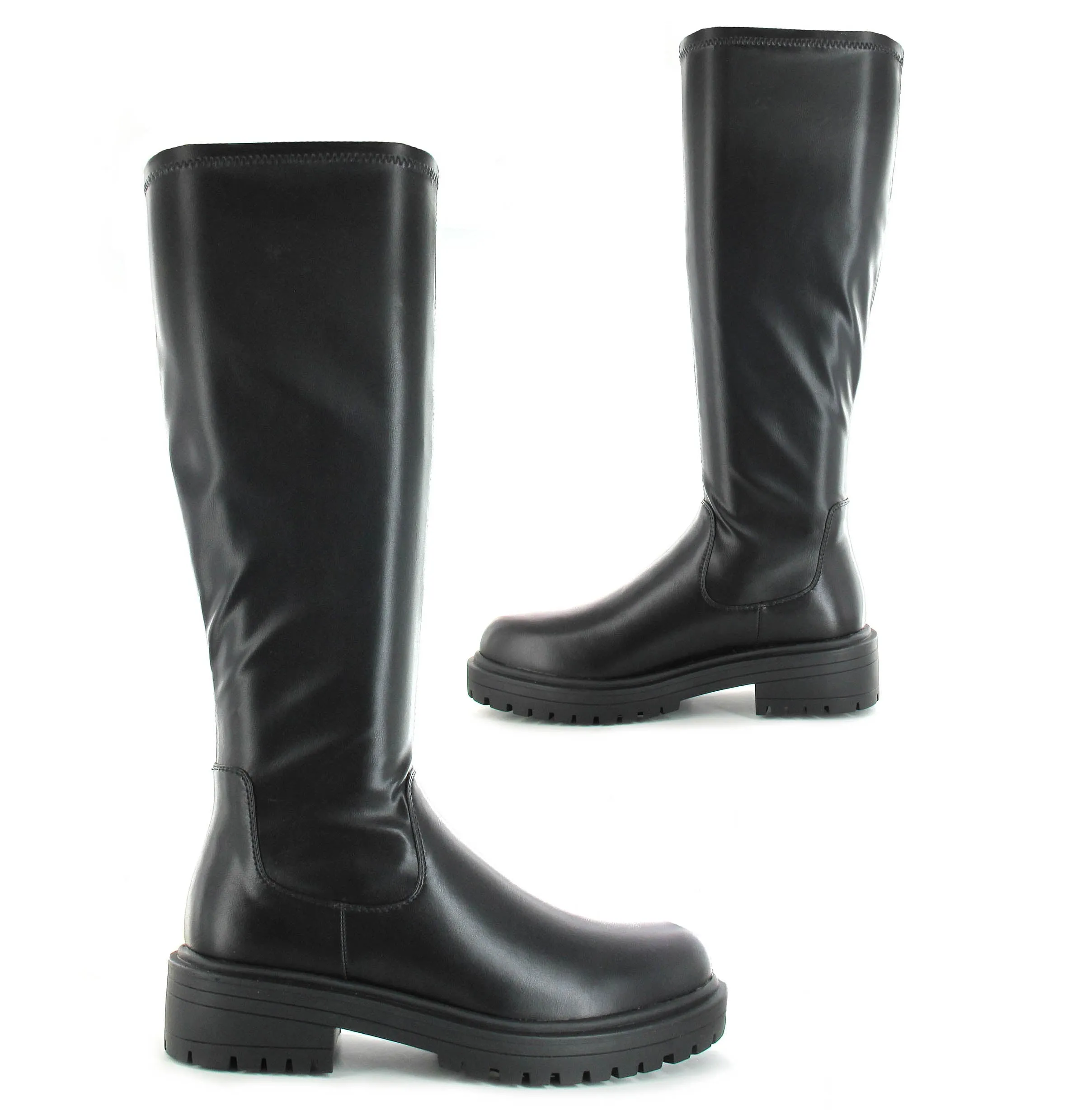Nicola: Women's Knee High Chunky Pull On Biker Boot - Black PU