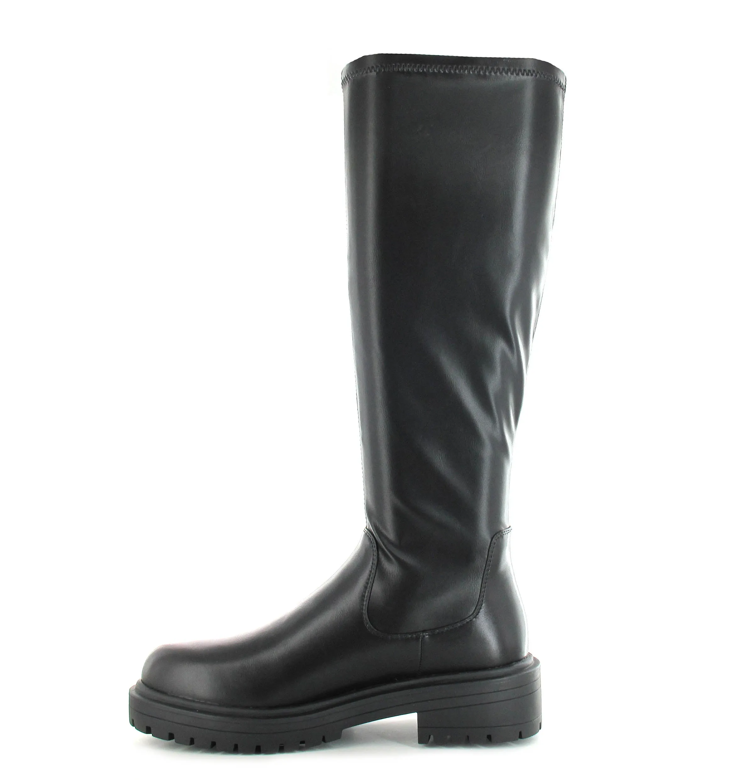 Nicola: Women's Knee High Chunky Pull On Biker Boot - Black PU