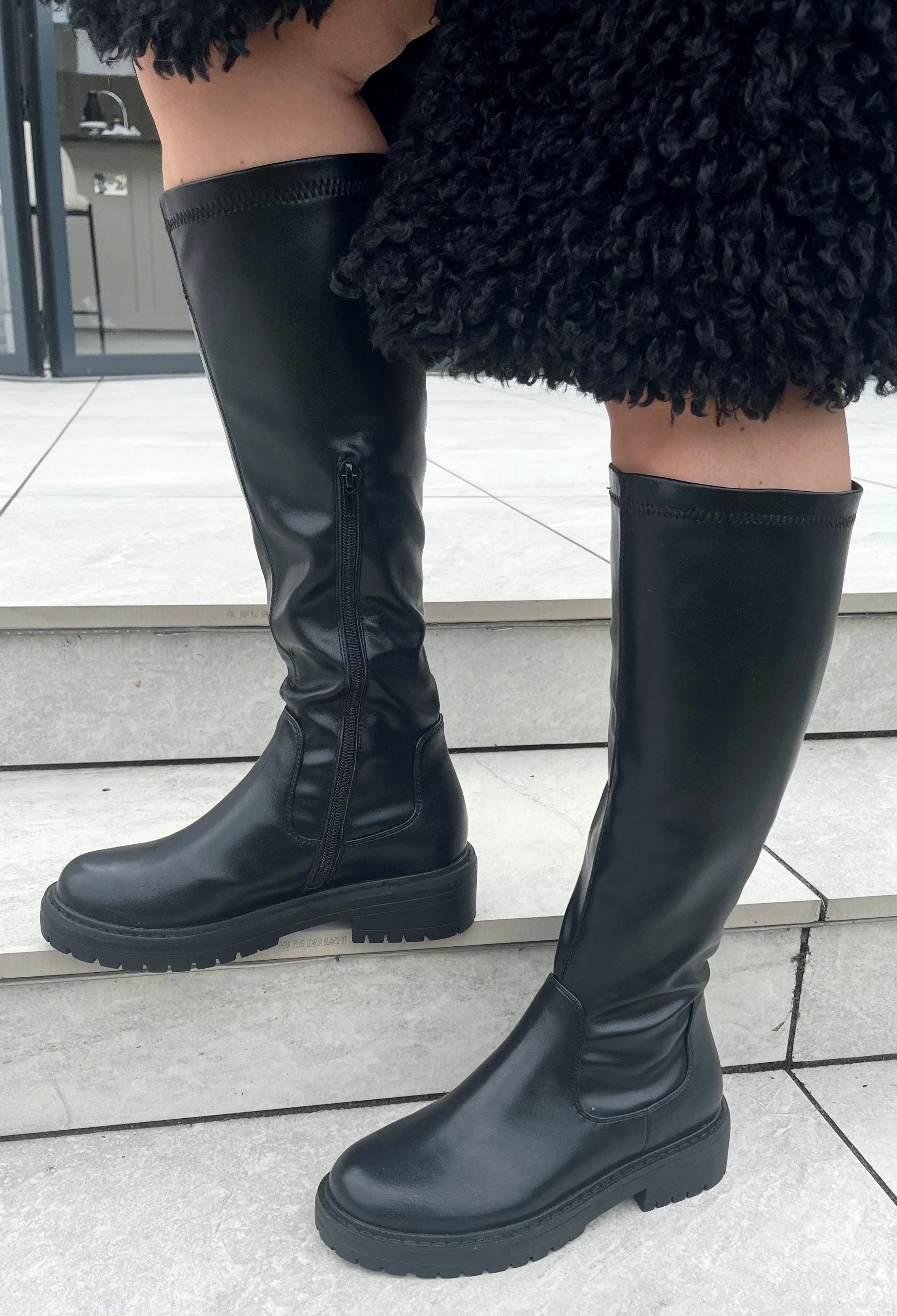 Nicola: Women's Knee High Chunky Pull On Biker Boot - Black PU
