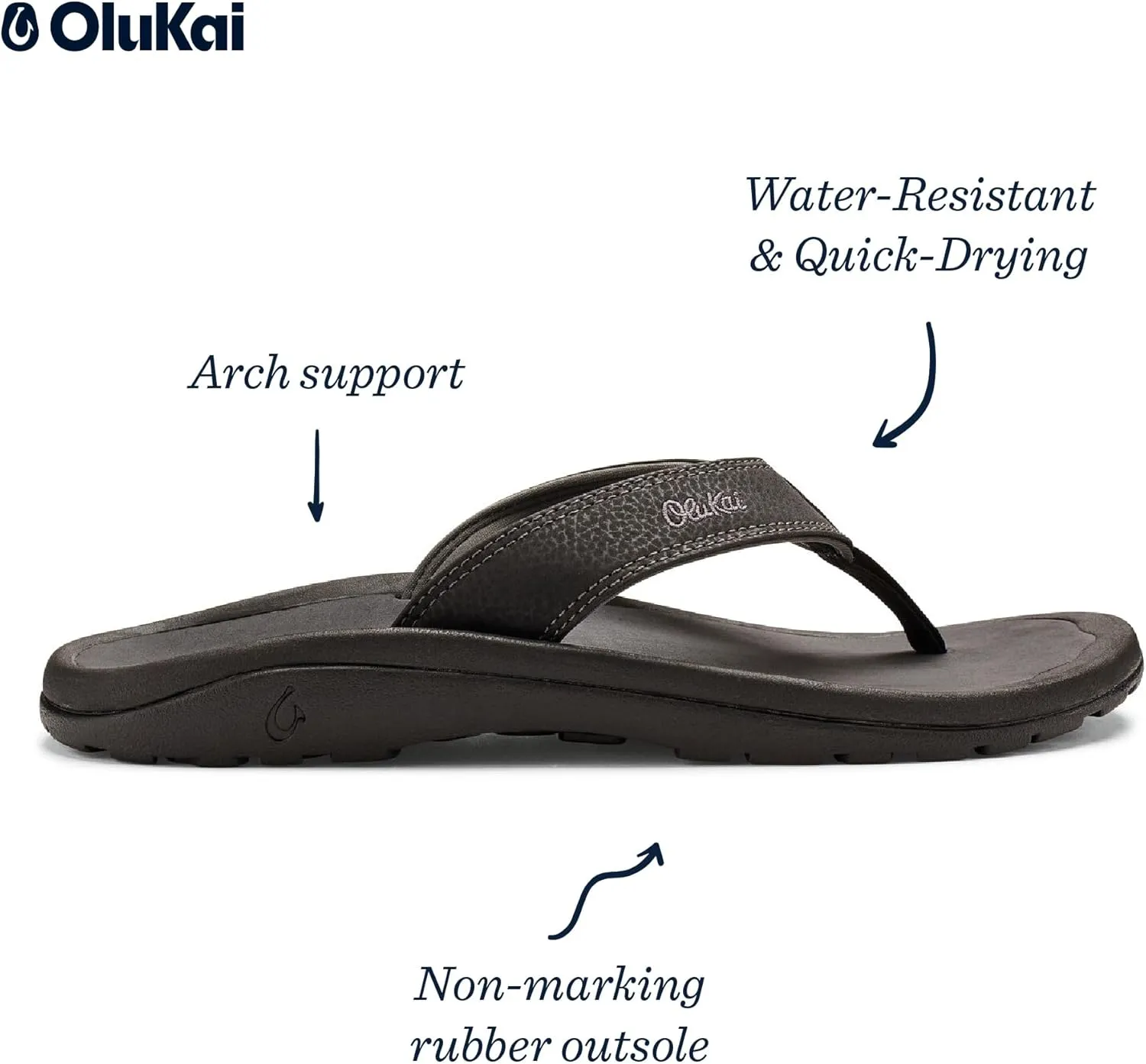 OLUKAI Ohana Men's Beach Sandals, Water Resistant Flip Flops, Arch Support & Comfort Fit, Lightweight & Durable, Enhanced Grip & Traction