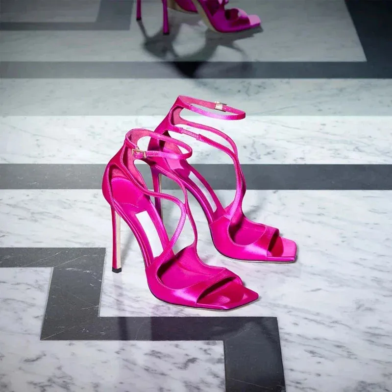 Open Toe Cross Button Elastic Belt Thin High Heel Fish Mouth Sandals