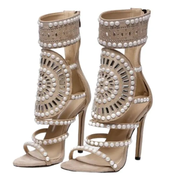 Open Toe Rhinestone Design Crystal Ankle High Heels-Multiple Options