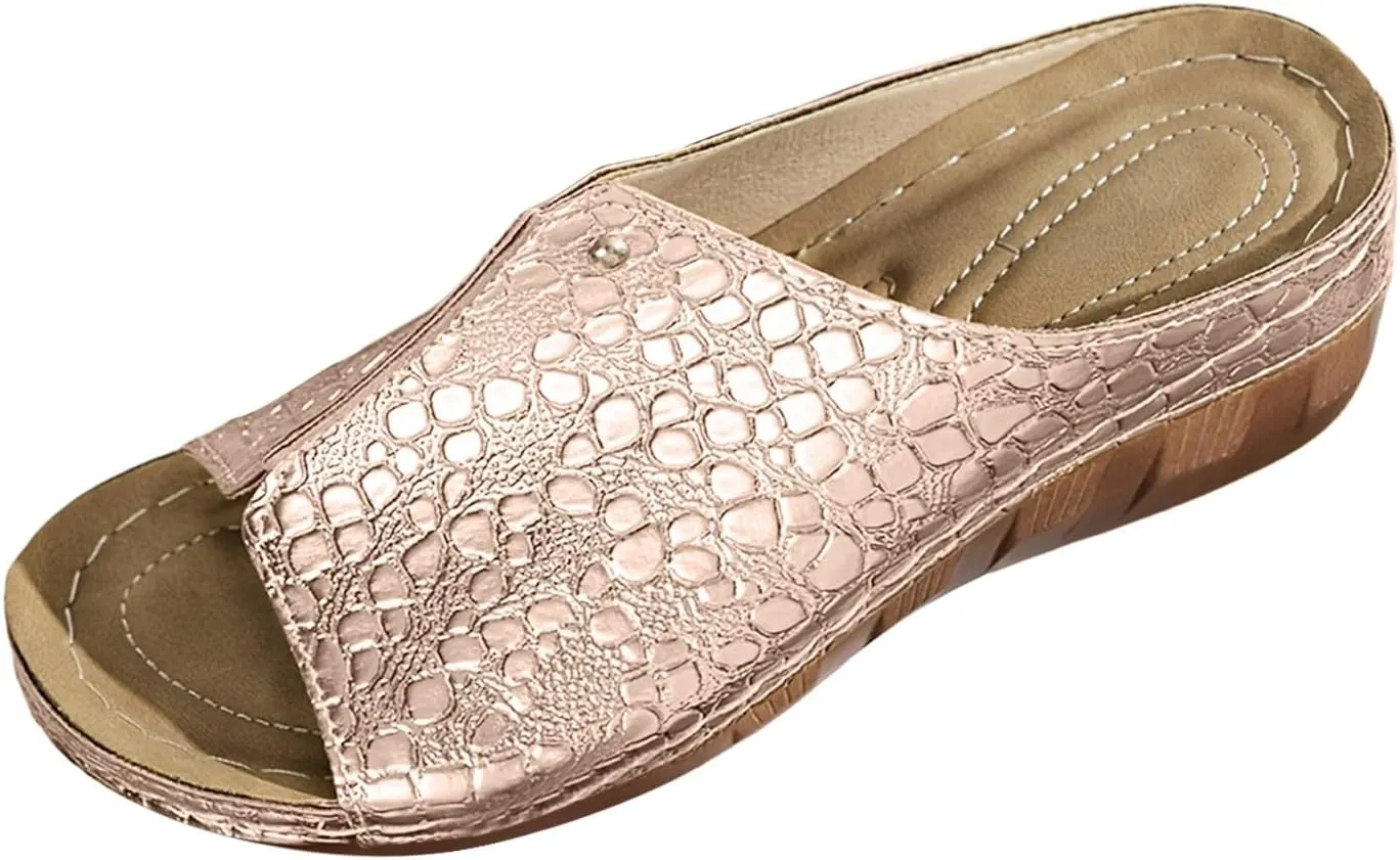 Orthopedic Sandals for Womens Arch Support Crocodile Pattern Dressy Leather Sandal Slip On Casual Open Toe Non-Slip Comfortable Shoes Summer Spring Stylish Beach Visits Festivals Party Shoe