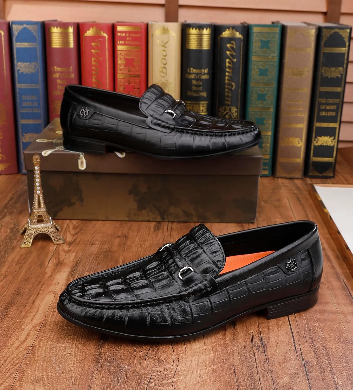 Premium Leather Dress Shoes for Mens, Black Fashion Crocodile Printed Business Slip-on Loafer Shoes for Men