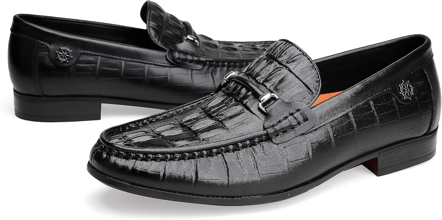 Premium Leather Dress Shoes for Mens, Black Fashion Crocodile Printed Business Slip-on Loafer Shoes for Men