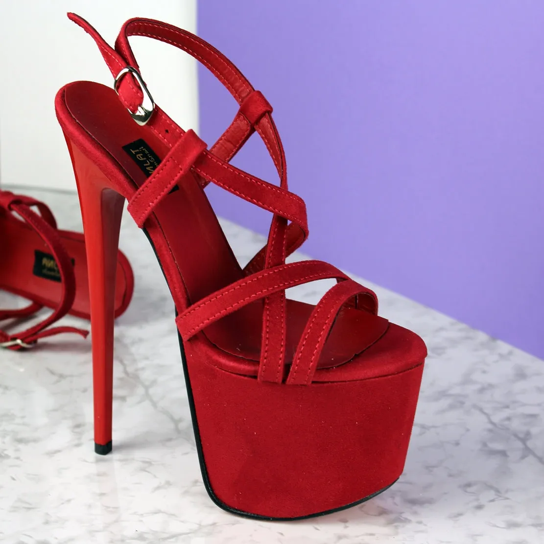 Red Suede Thin Strap Platform Sandals