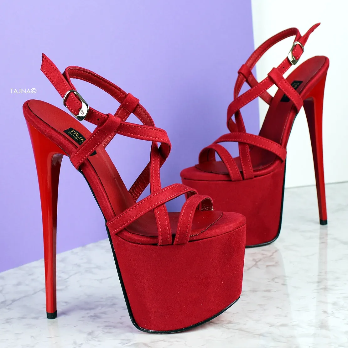 Red Suede Thin Strap Platform Sandals