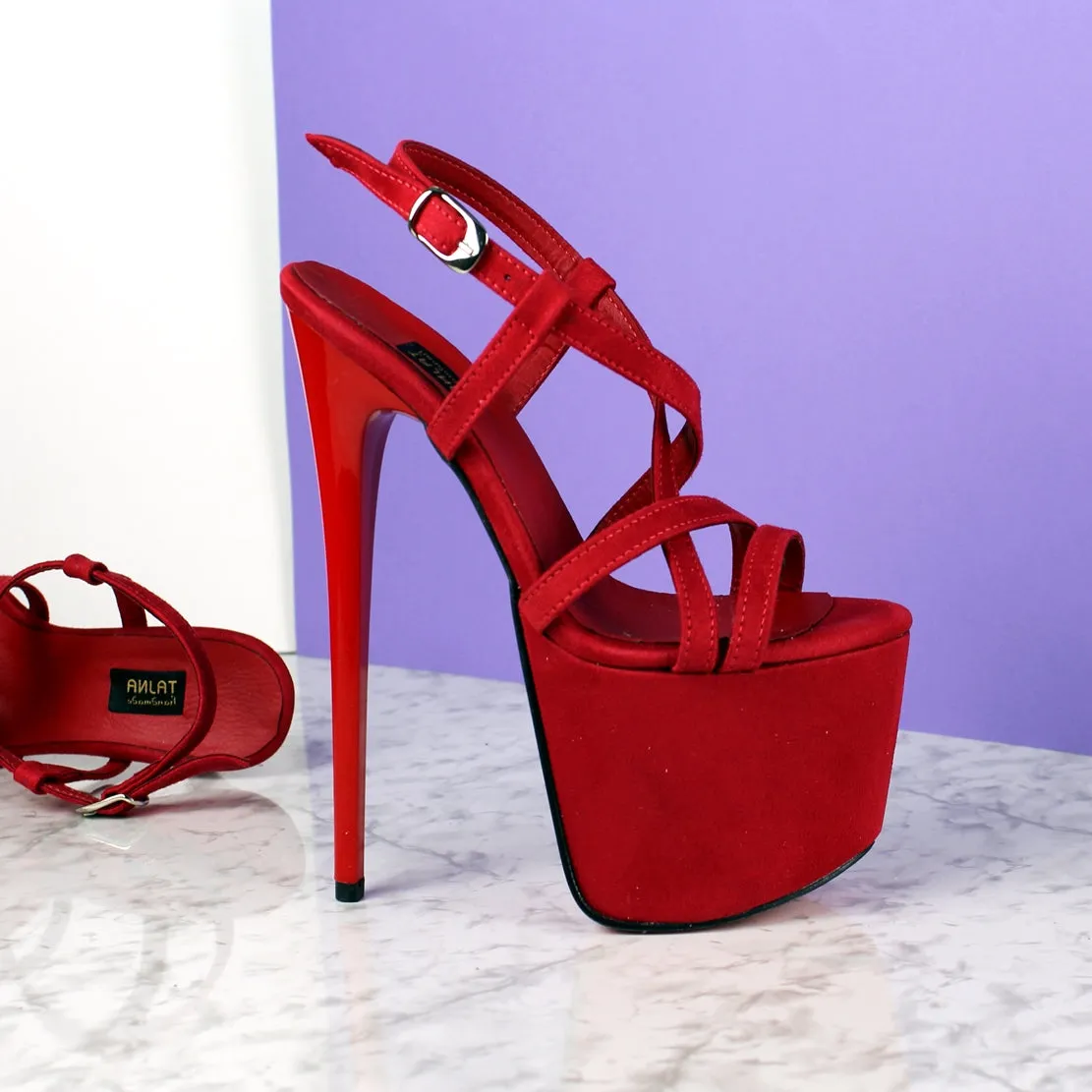 Red Suede Thin Strap Platform Sandals