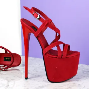 Red Suede Thin Strap Platform Sandals