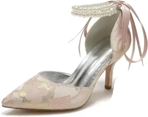 Rhinestone Women Buckle Pointed Toe Bridal Silk Wedding Shoes Satin Pumps High Heel Prom Shoes