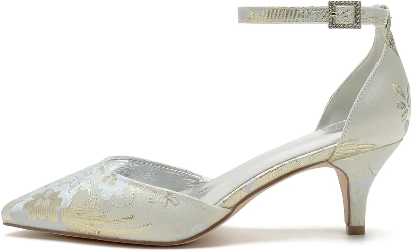 Rhinestone Women Pointed Toe Buckle Bridal Silk Wedding Shoes Satin Pumps High Heel Prom Shoes