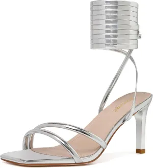 RIBONGZ Strappy Heels for Women Square Open Toe Tie Up Sandals Ankle Strap Lace Up Stiletto High Heels Sexy for Wedding Prom Party Comfort Dress Shoes